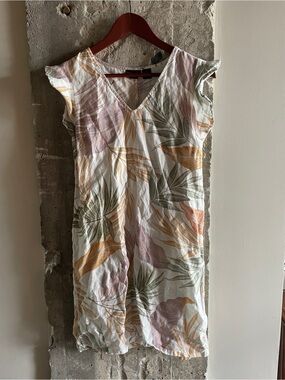 Sleeveless V-Neck Tropical Print Tunic Dress 100% Linen